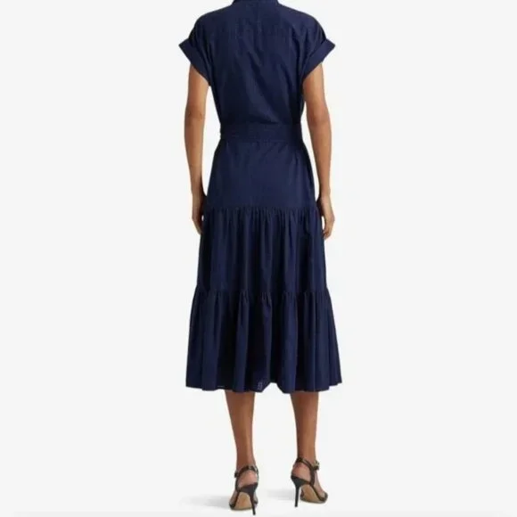 Ralph Lauren Dress Black Label Navy Blue Cotton Tiered Seersucker Womens 8 - Picture 9 of 10